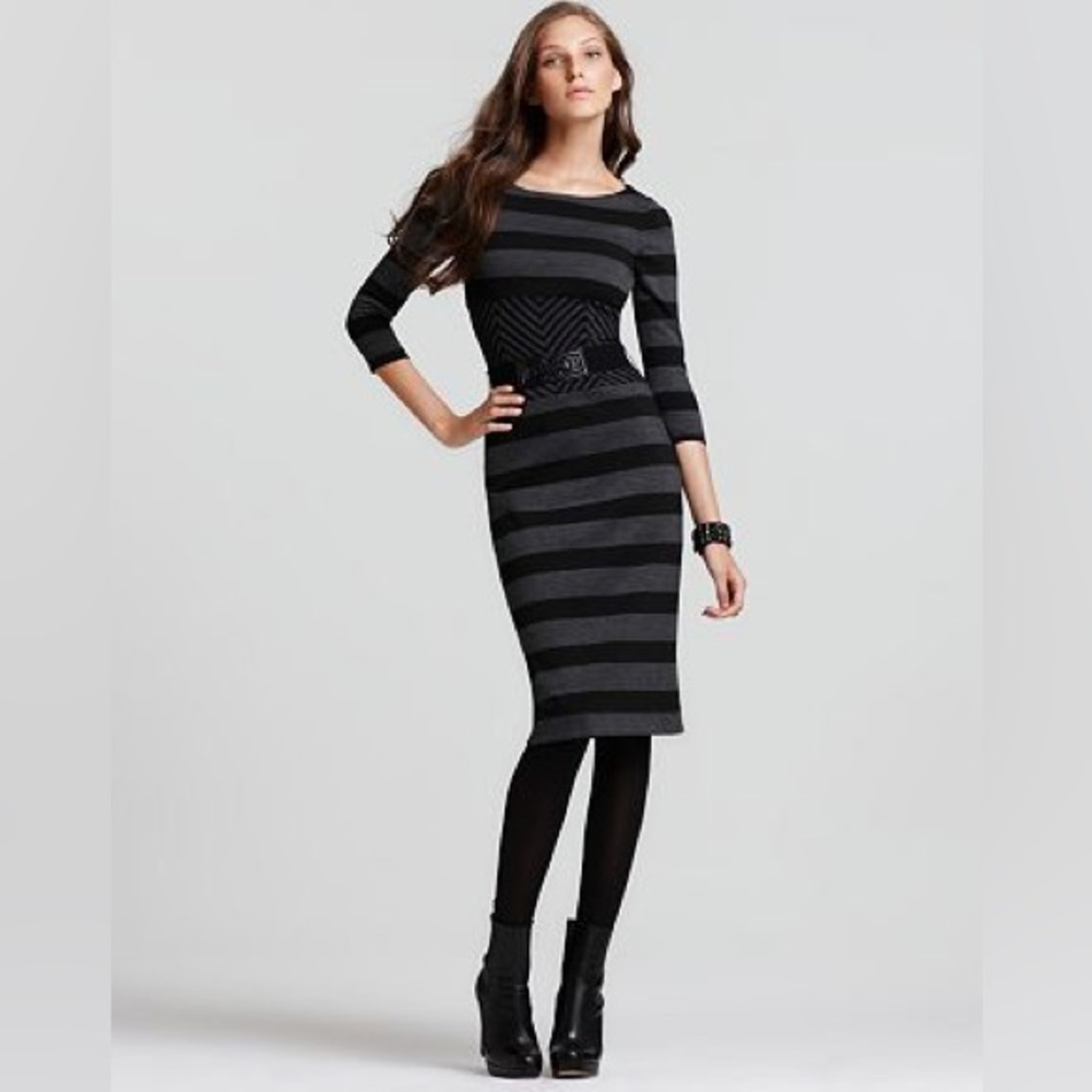 BCBGMAXAZRIA Roslyn Black Gray Striped Trimmed A-line Dress Long Sleeve